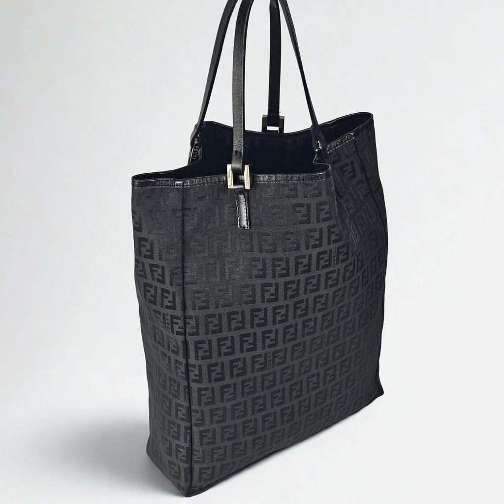 Fendi Tote Bag Vintage Zucchino in tela e pelle nera