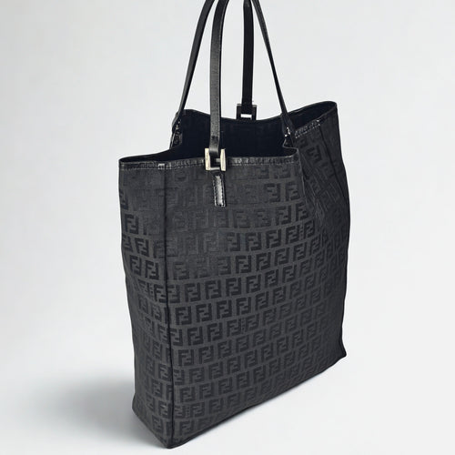 Fendi Tote Bag Vintage Zucchino in tela e pelle nera