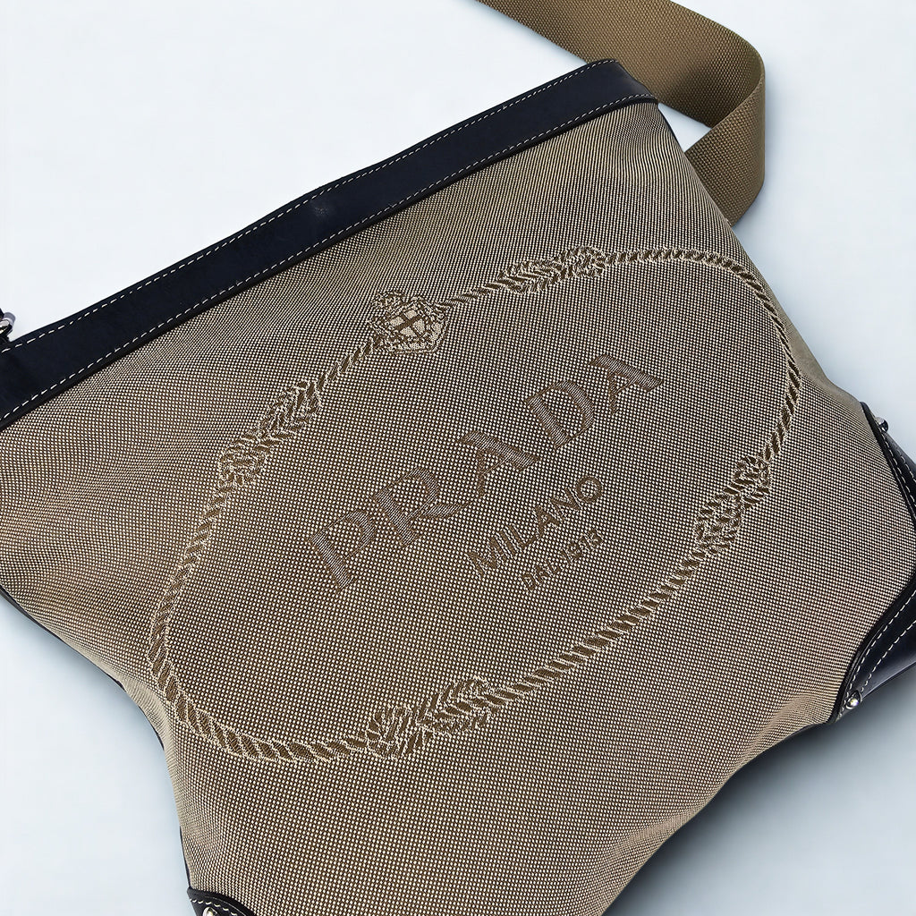 Prada Messenger Vintage Maxi in tela jacquard beige e pelle nera