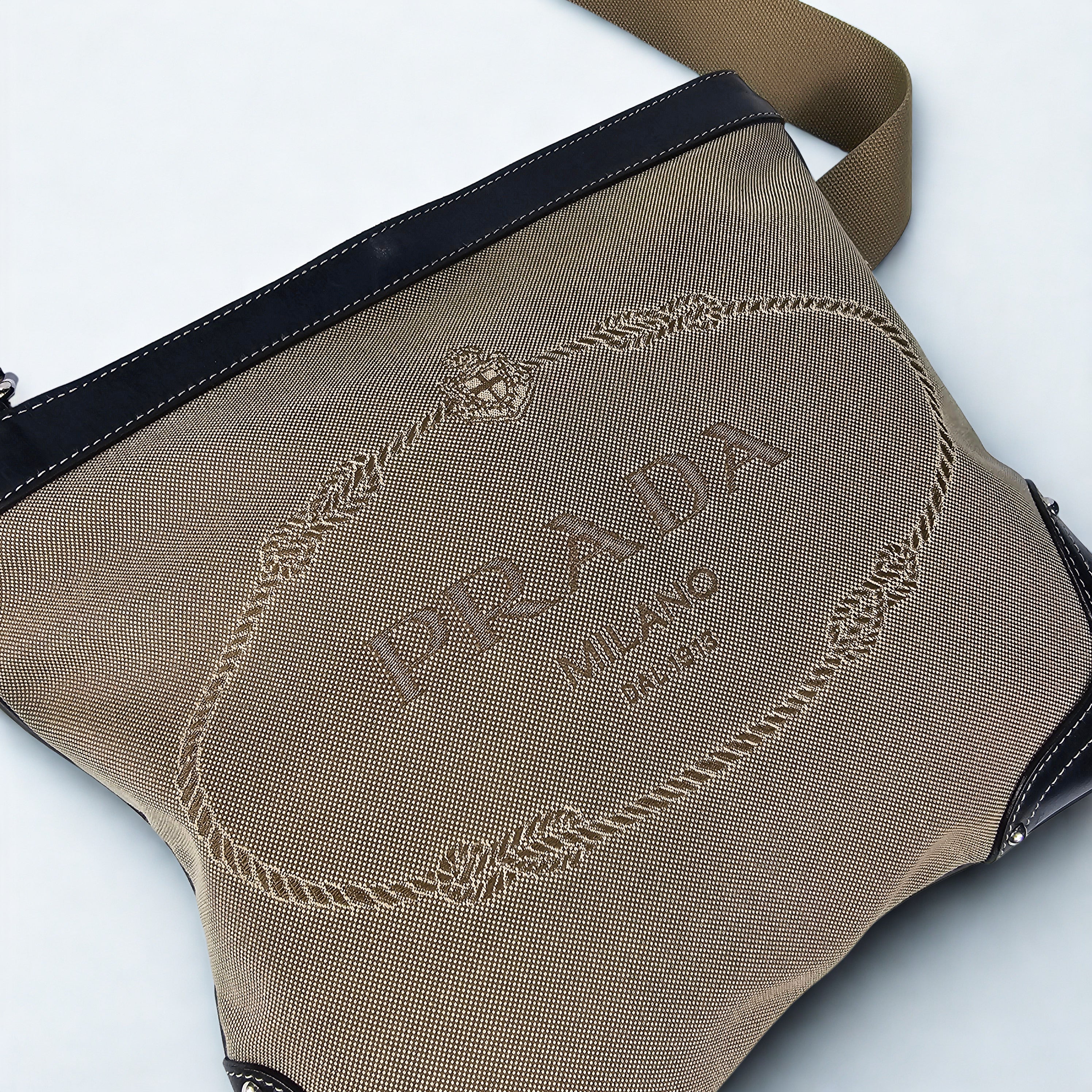 Prada Messenger Vintage Maxi in tela jacquard beige e pelle nera